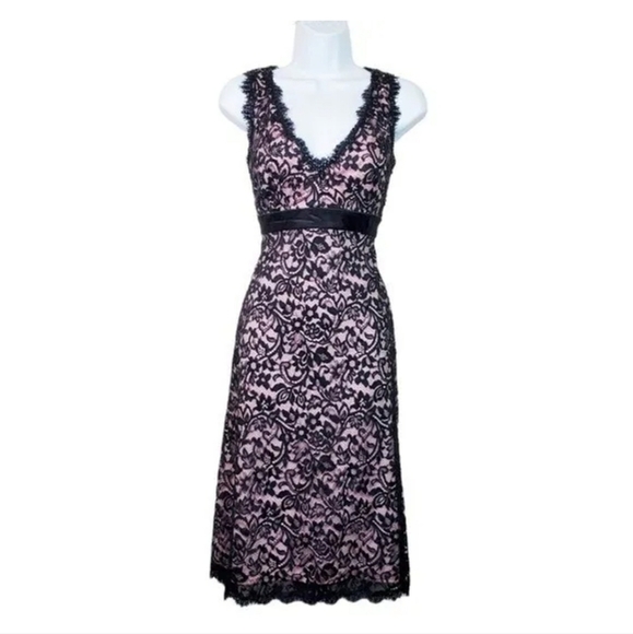 Tadashi Shoji Dresses & Skirts - Tadashi black lace over pink silk v neck A line high waist dress size 6